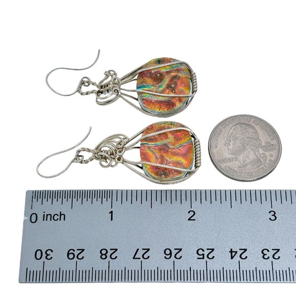 Silver Tone Wire Wrapped Dichroic Glass Dangle Earrings - Picture 3 of 4